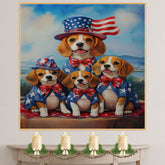 Beagle Dog Family Patriotic Portrait – Oil Painting of Mom and 3 Pups in Stars and Stripes Hats and Bowties on Ready to Hang 1.5" Thick Canvas Wrap, Floating Framed Canvas, Flat Rolled Canvas